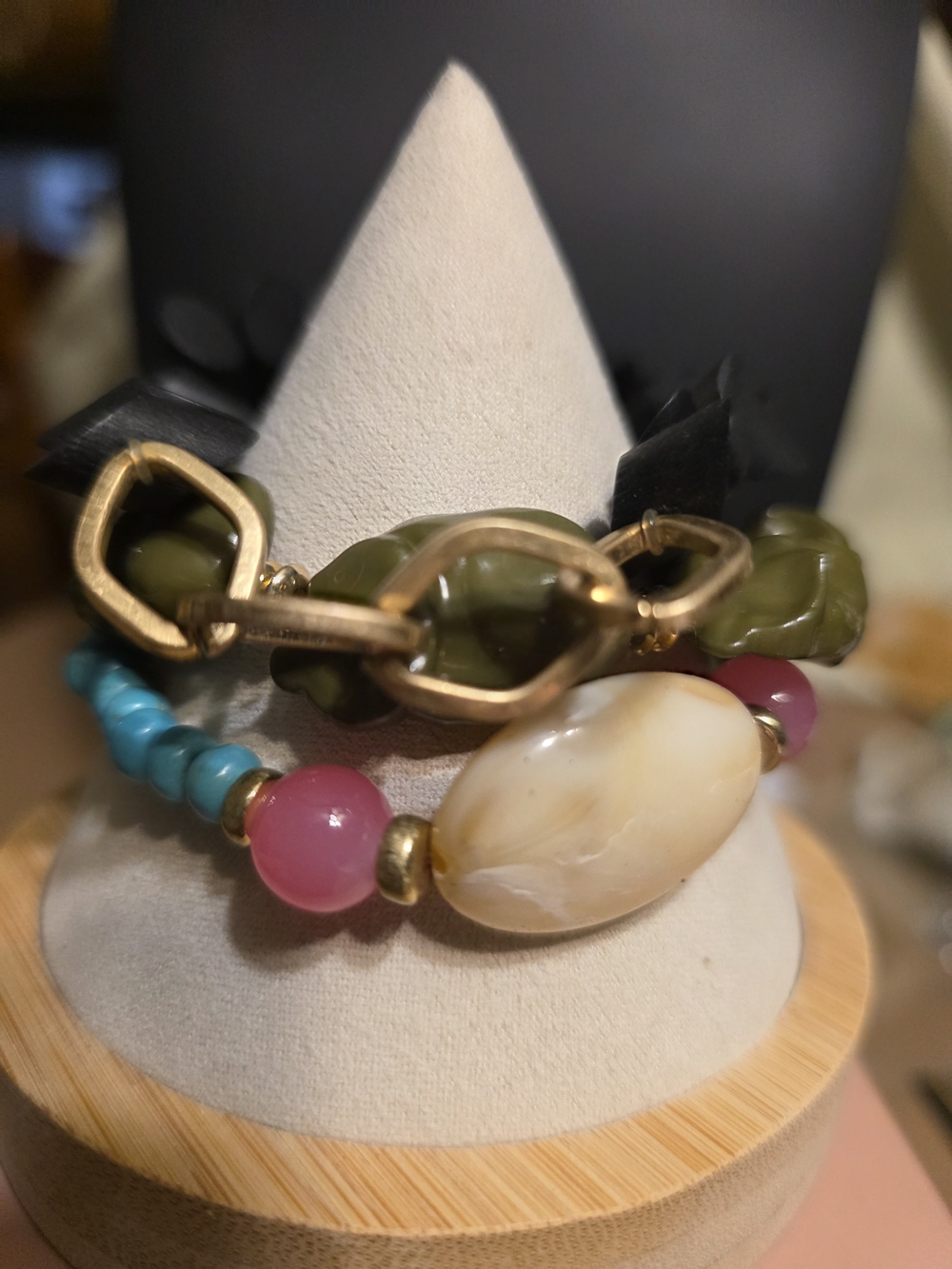 #255 Plunder Multicolor Beaded & Link Bracelet - Turquoise, Pink, Olive, Cream